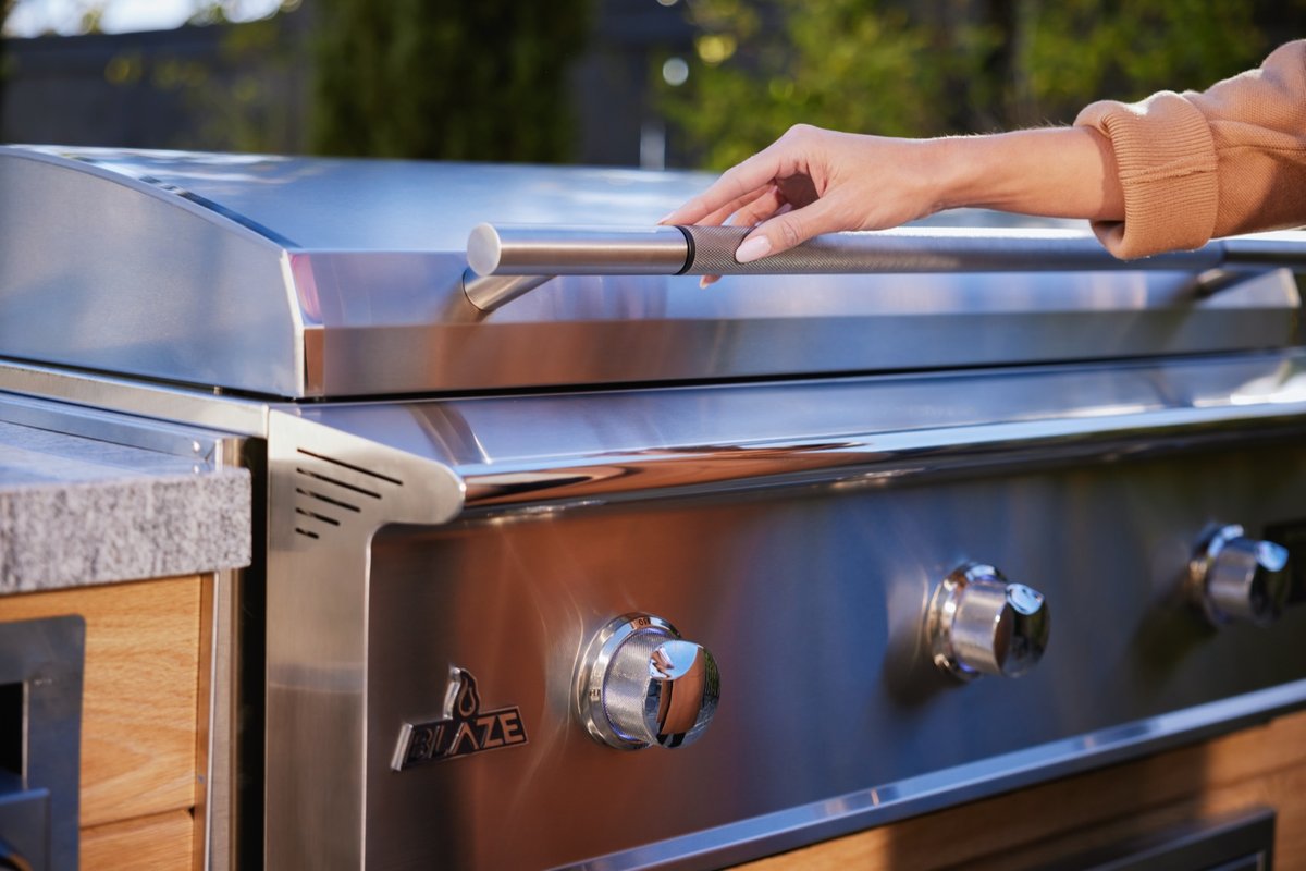 Close-up of Blaze grill controls and branding