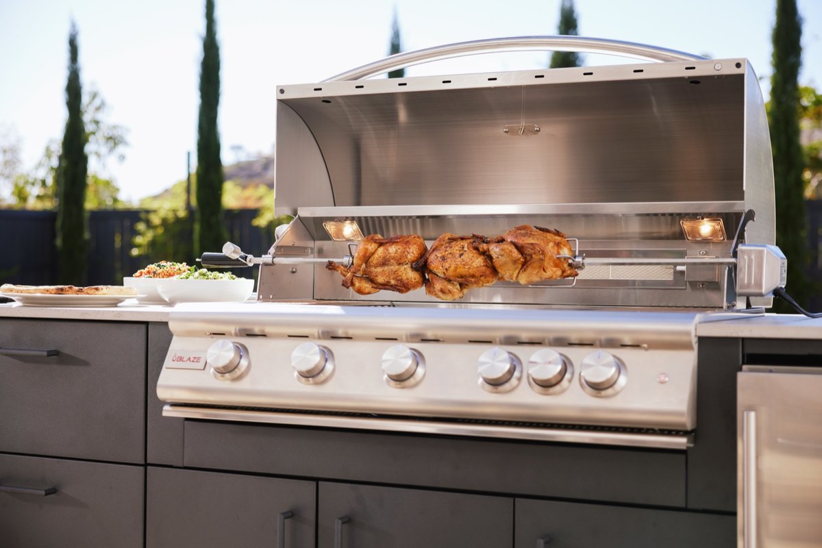Blaze outdoor grill with rotisserie chickens