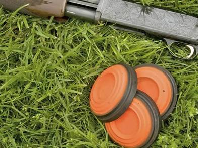 Clay shooting targets and shotgun on grass